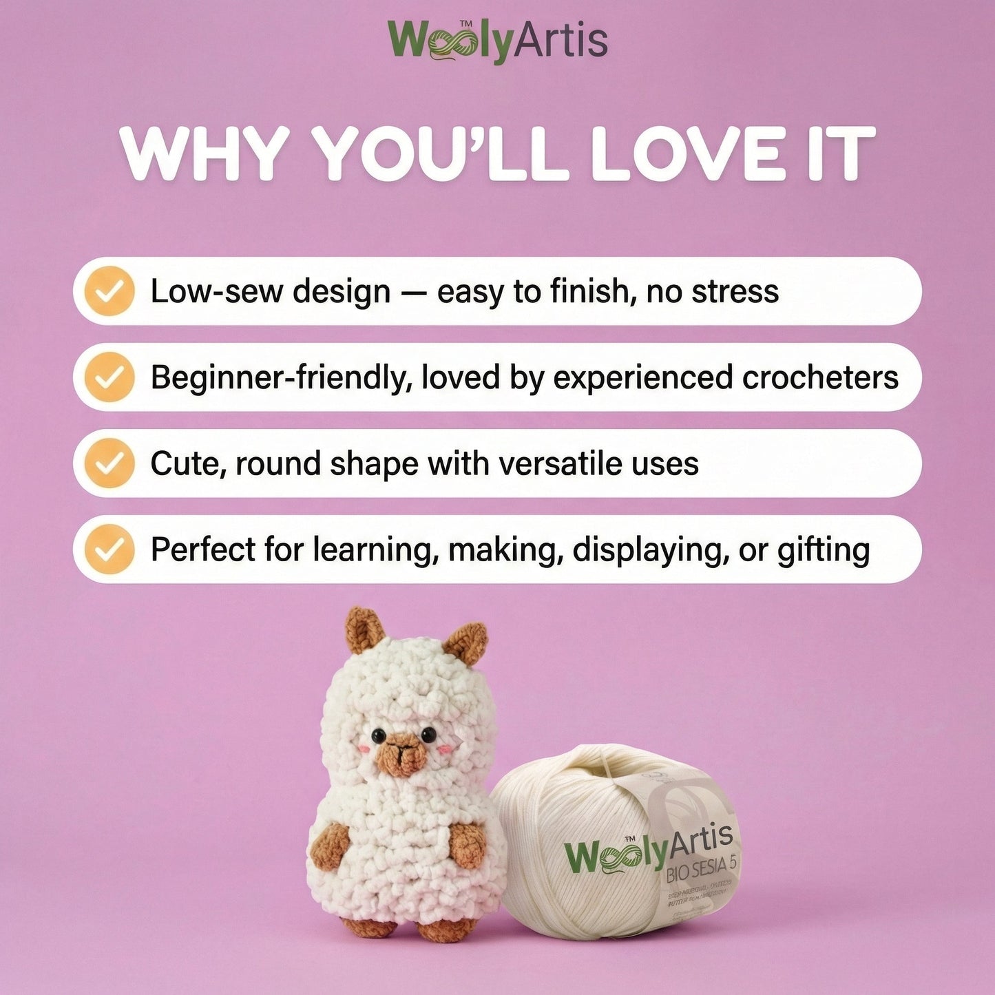 WoolyArtis crochet banner showcasing a handmade amigurumi doll and yarn, highlighting low-sew design, beginner-friendly patterns, cute round shapes, and versatile uses for learning, gifting, or display.