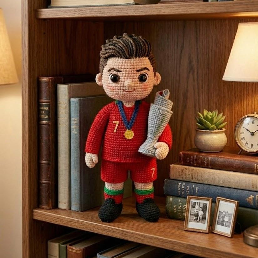 Crocheted doll in sports attire on a bookshelf with books and decorative items.