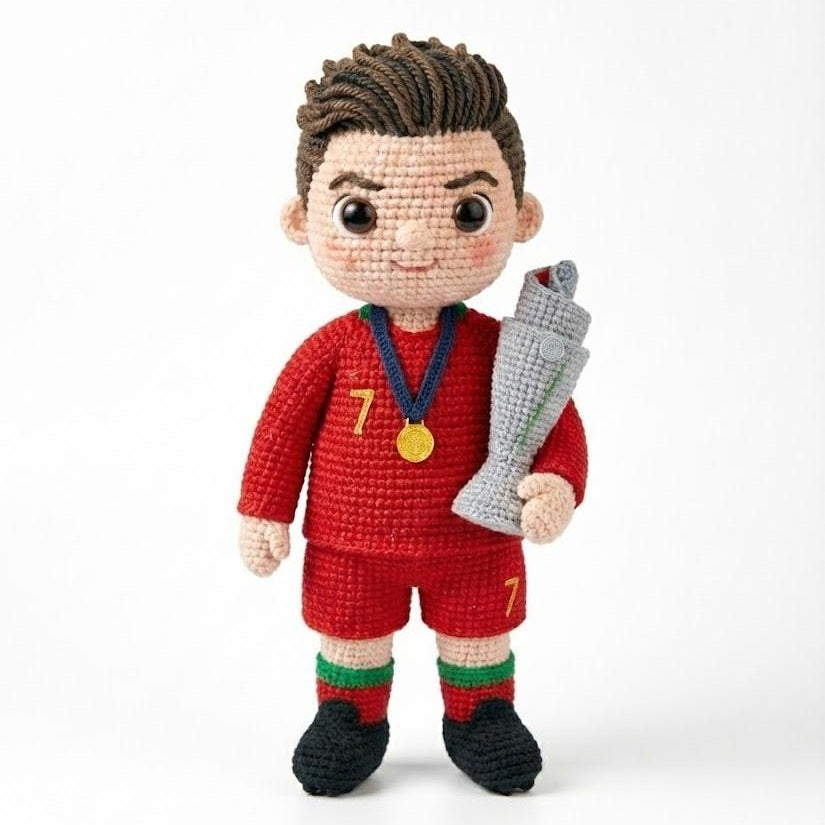 Crocheted toy figure of a soccer player in a red uniform with a medal and boot on a white background